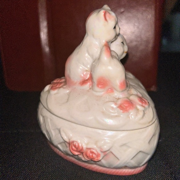 Vintage Lusterware Pink White Two Cat Kitten Heart Shaped Trinket Vanity Box - Picture 5 of 5